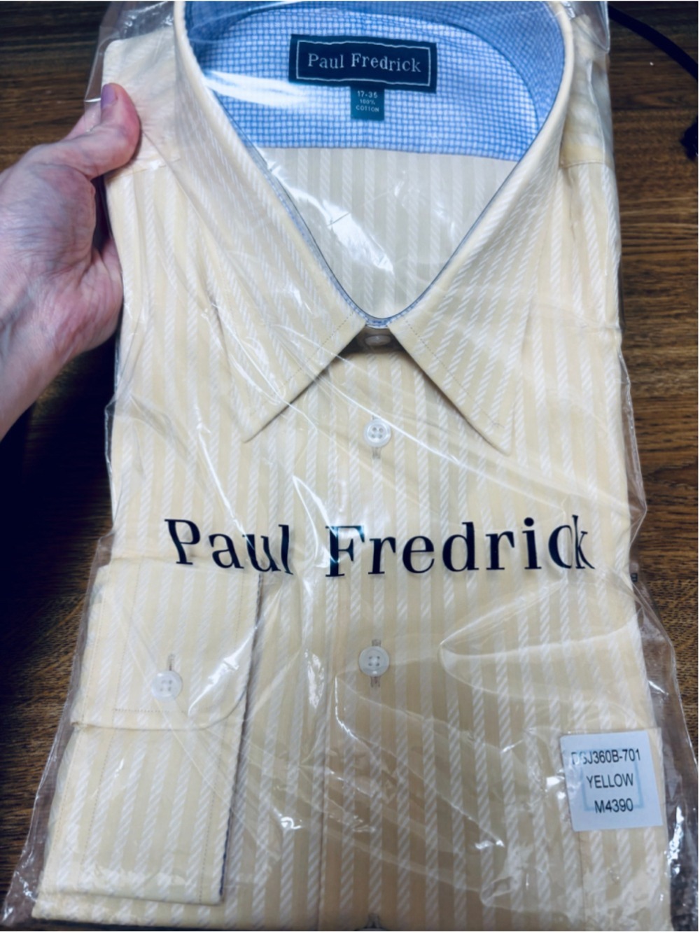 Men's Paul Fredrick Monogramed Dress Shirt Neck 17 Yellow Striped